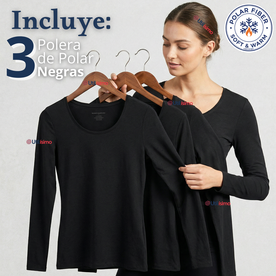Pack 3 Camisetas Poleras Polar Primera Capa Negro Manga Larga Mujer