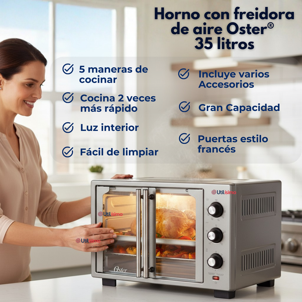 Horno con freidora de aire Oster® de 35 litros, puertas francesas, TSSTTV35FDMAFNS