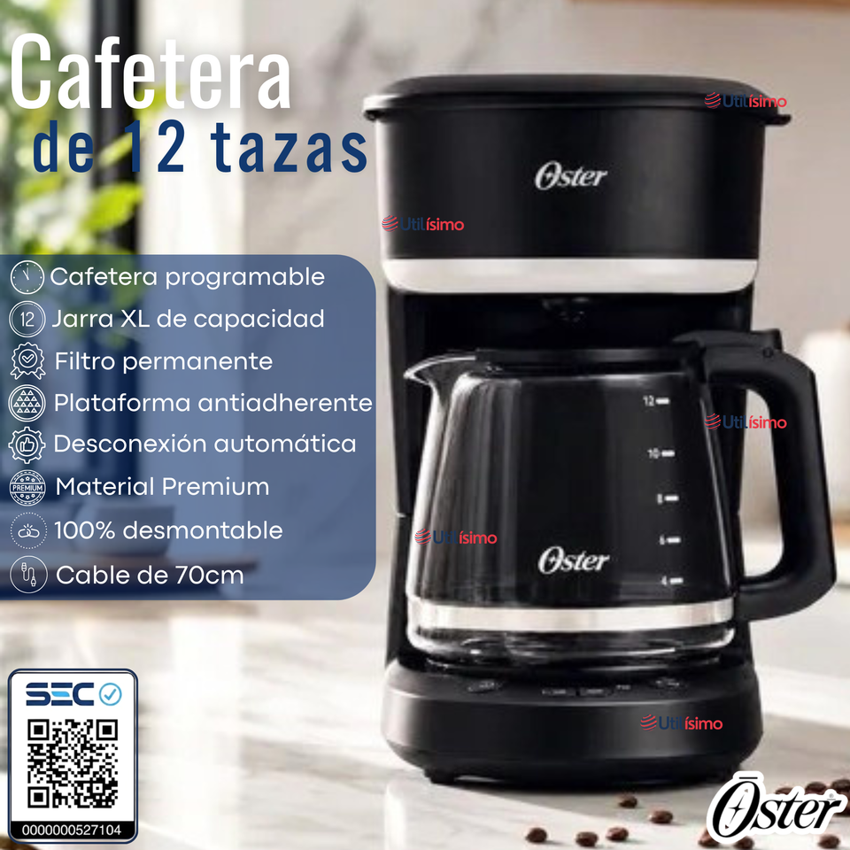Cafetera de goteo Oster® de 12 tazas programable con filtro reutilizable Negro BVSTDCP121B