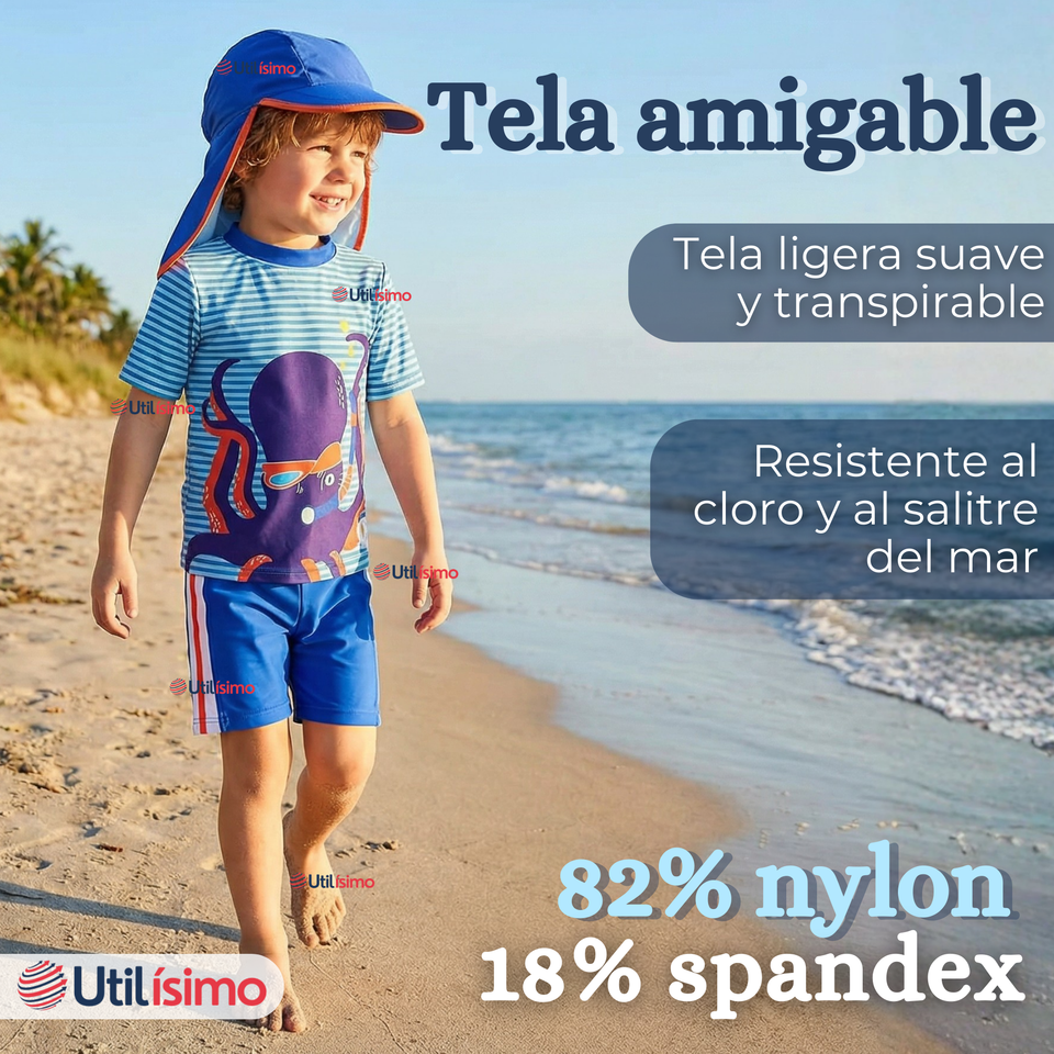 Traje de Baño Con Gorro Pantalón Corto Manga Corta 3 Piezas Corte Split Niño 1 a 5 años Blue Octopus