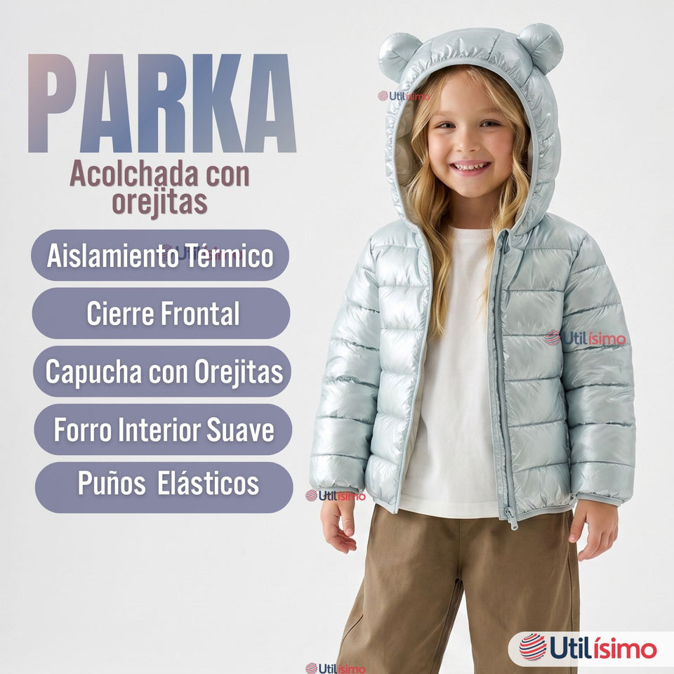 Parka Bebé Niña Celeste Térmica Acolchada Con Orejitas Sweet Sky