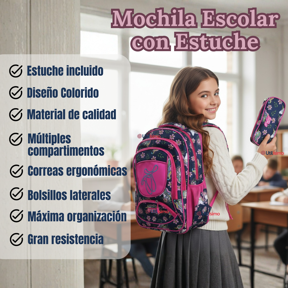 Mochila Escolar Con Estuche 43cm Tela Oxford Impermeable Niña