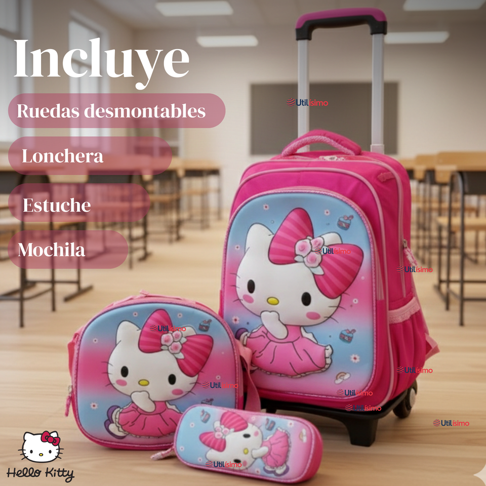 Mochila Escolar Hello Kitty Con Ruedas Desmontables + Estuche + Lonchera Niña Poliéster Pink
