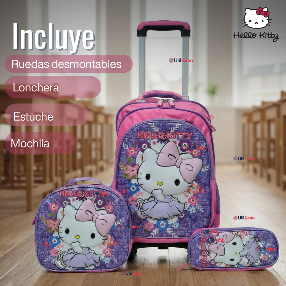 Mochila Escolar Hello Kitty Con Ruedas Desmontables + Estuche + Lonchera Niña Poliéster