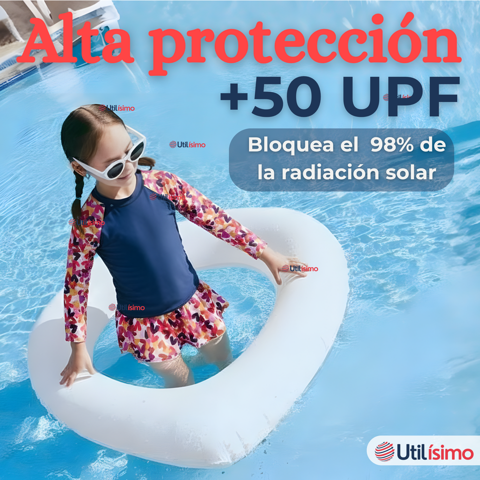 Traje De Baño Manga Larga Estilo Tankini Con Falda Niña 2 a 7 años Happy Hearts