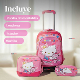 Mochila Escolar Hello Kitty Teddy Con Ruedas Desmontables + Estuche + Lonchera Niña Poliéster