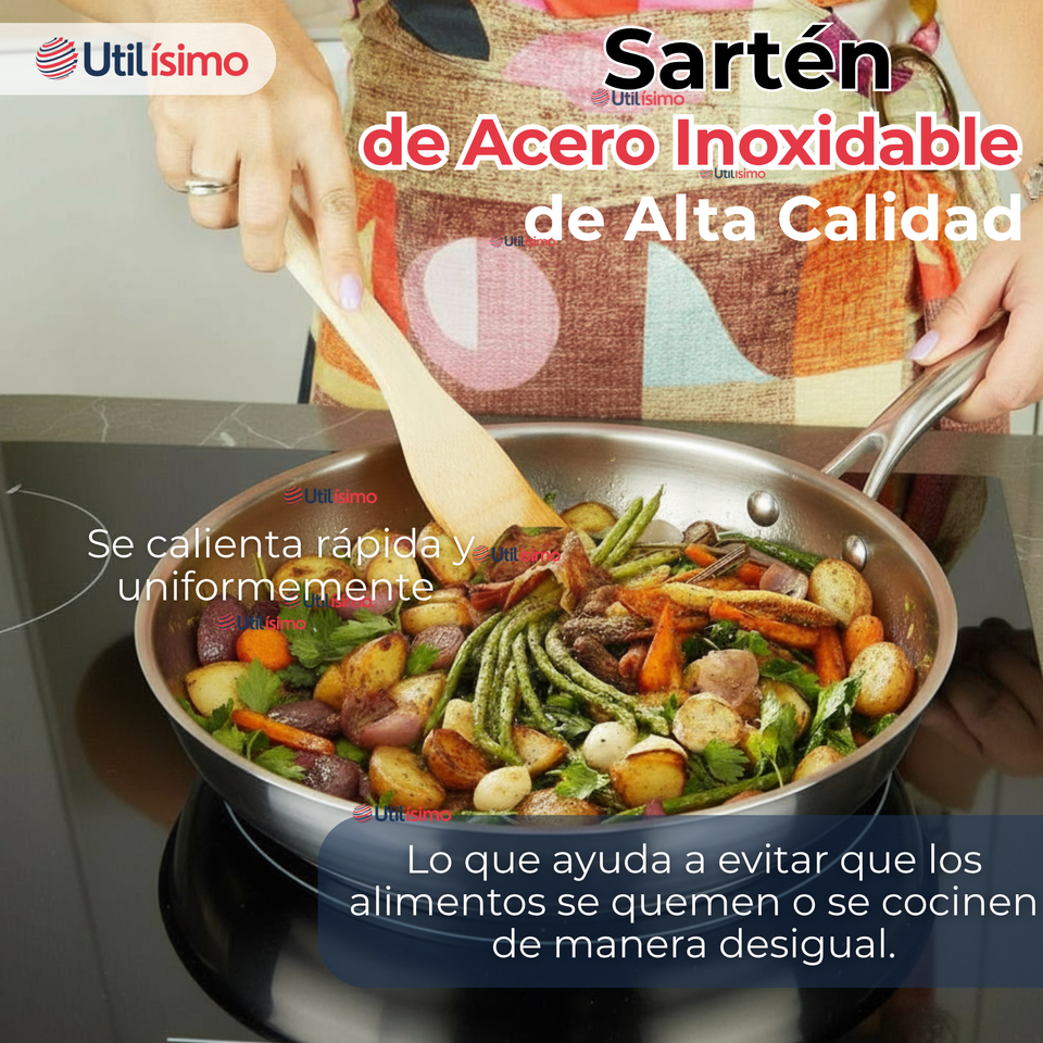 Sartén Acero Inoxidable Antiadherente 28cm +Cuchara de Madera de Bambú