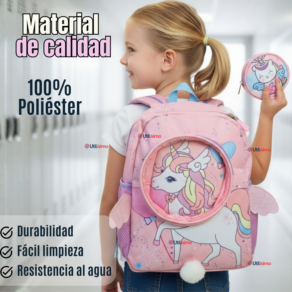 Mochila Escolar Con Estuche 33cm Poliéster Impermeable Unicornio Niña