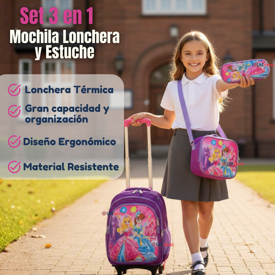 Mochila Escolar Con Ruedas + Estuche + Lonchera Poliéster Princesas Niña