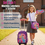 Mochila Escolar Con Ruedas + Estuche + Lonchera Poliéster Princesas Niña