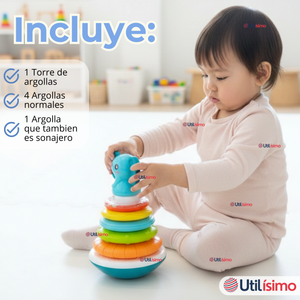 Torre De Aros Argollas Para Apilar Y Ordenar Con Sonido Sensorial Multicolor Bebé Niño Niña