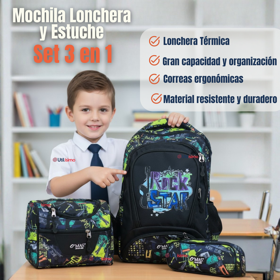Mochila Escolar Kit Con Estuche y Lonchera 43cm Tela Oxford Rock Star Niño