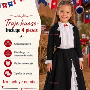 Traje Huasa Elegante Negro NIña Conjunto 4 Piezas Tipico Fiestas Patrias