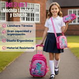 Mochila Escolar Con Ruedas + Estuche + Lonchera Poliéster Niña