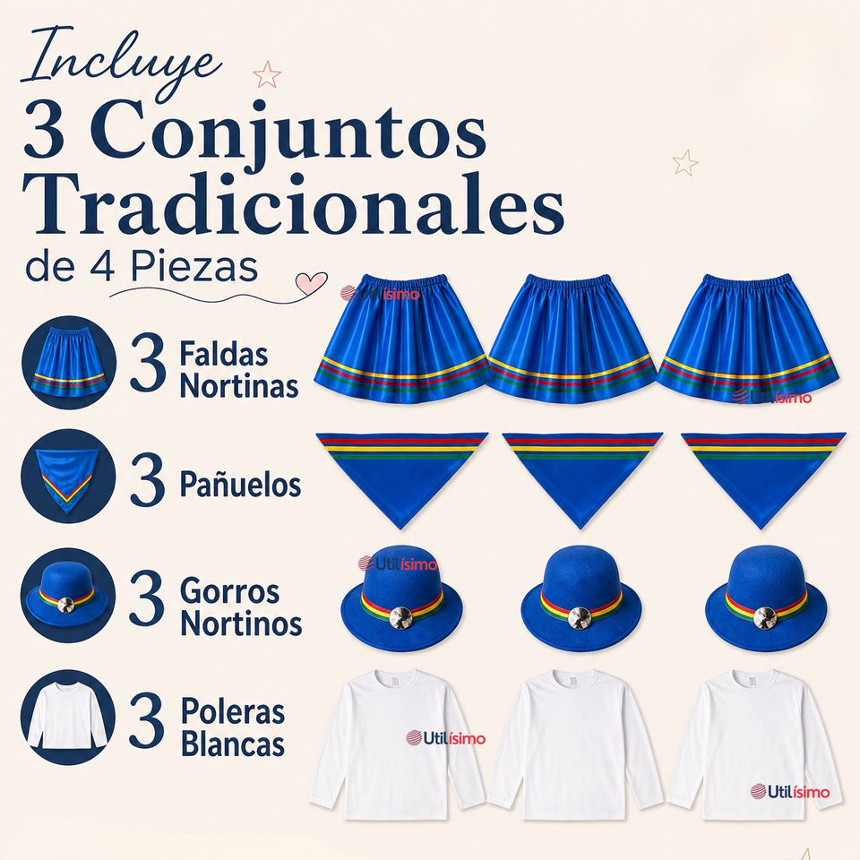 Pack 3 Trajes Nortinos Juveniles Con Poleras 4 Piezas Azul Baile Típico Fiestas Patrias