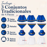 Pack 3 Trajes Nortinos Juveniles Con Poleras 4 Piezas Azul Baile Típico Fiestas Patrias