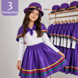 Pack 3 Trajes Nortinos Niña Morado 4 Piezas Con Poleras Baile Típico Fiestas Patrias