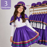 Pack 3 Trajes Nortinos Niña Morado 4 Piezas Con Poleras Baile Típico Fiestas Patrias