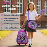 Mochila Kuromi Escolar Con Ruedas + Estuche + Lonchera Desmontable Poliéster Lila Niña