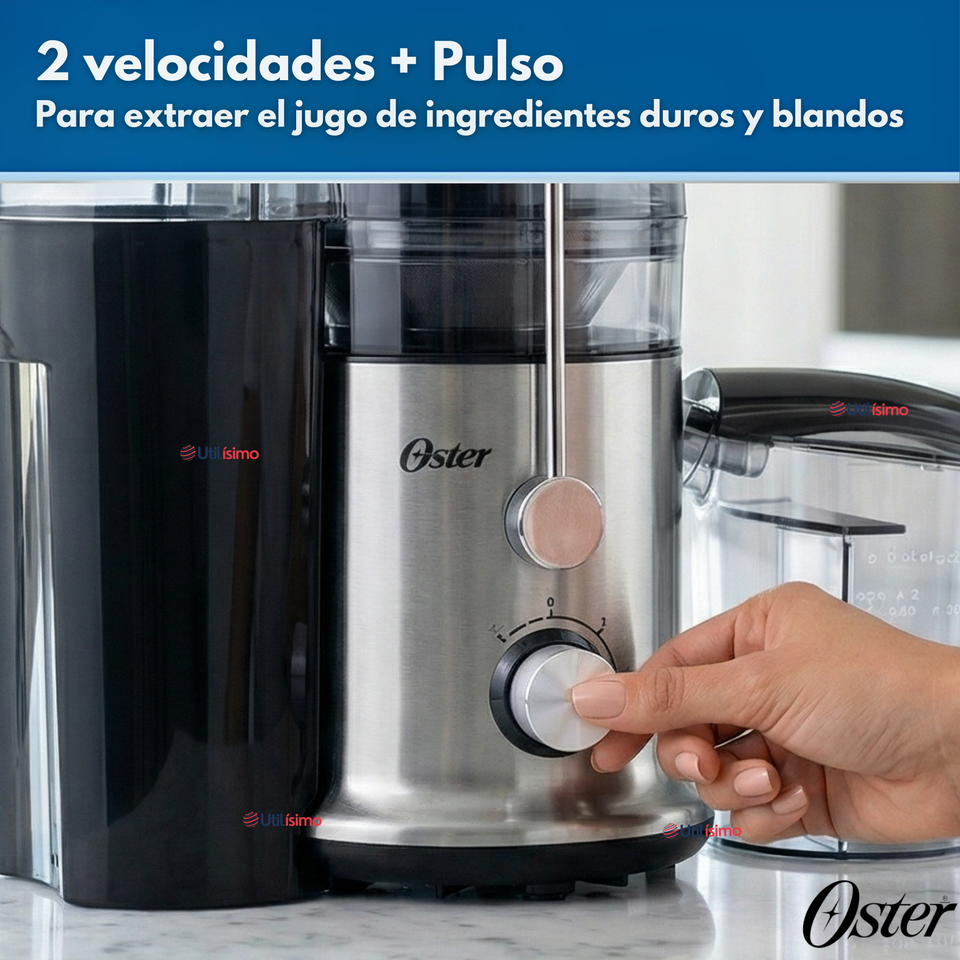 Oster® Extractor de Jugos, con 2 Velocidades + Pulso, y Fácil de Limpiar, Negro y Plateado, FPSTJE320S