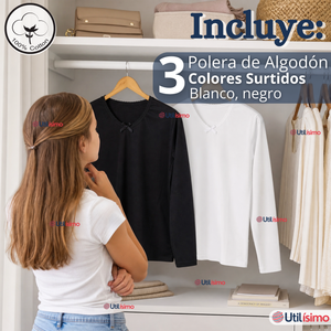 Pack 3 Camisetas Poleras Algodón Básica Cuello Redondo Primera Capa Manga Larga Colores Surtidos Negro Blanco Niña