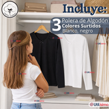 Pack 3 Camisetas Poleras Algodón Básica Cuello Redondo Primera Capa Manga Larga Colores Surtidos Negro Blanco Niña