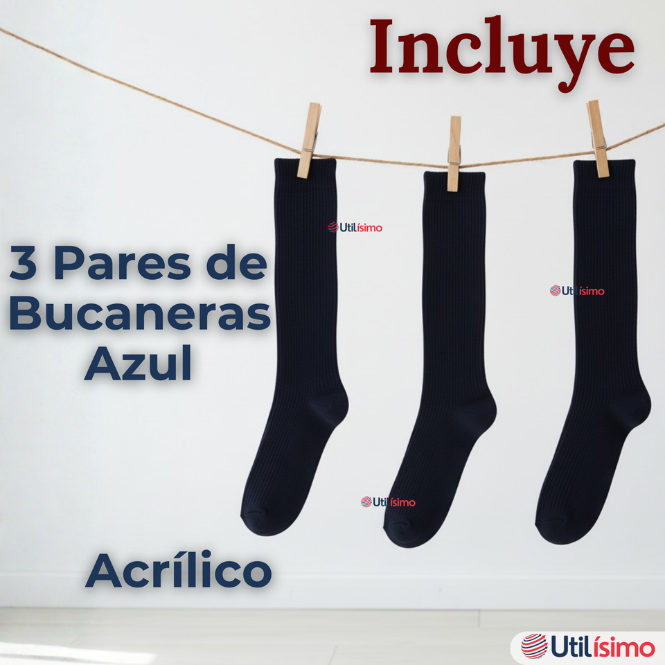 Pack 3 Bucaneras Escolares Calcetines Acrílico Azul Premium Niña y Juvenil