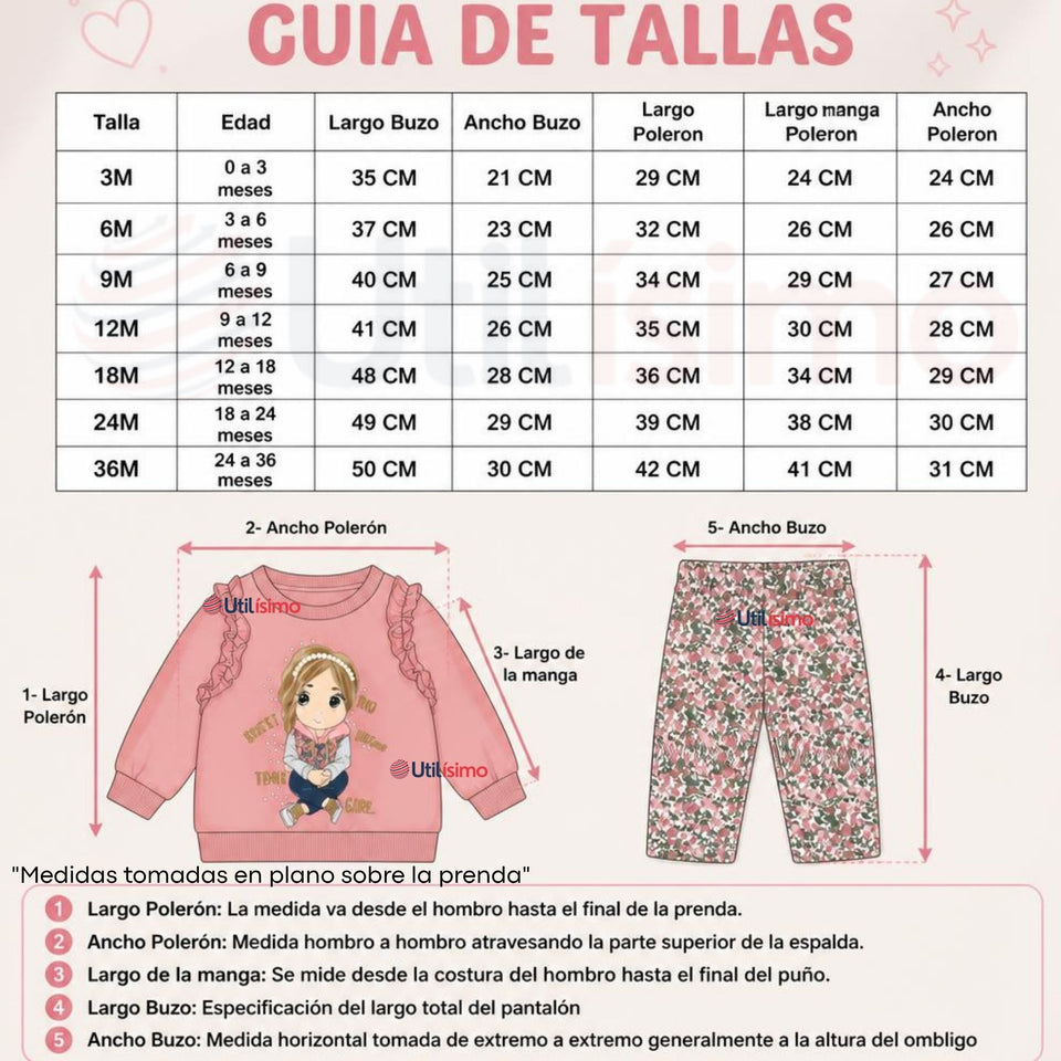 Conjunto 2 Piezas Polerón y Pantalón Buzo 100% Algodón Bebé Niña Tedmimak sweet girl
