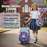Mochila Hello Kitty Escolar Con Ruedas + Estuche + Lonchera Desmontable Poliéster Lila Niña