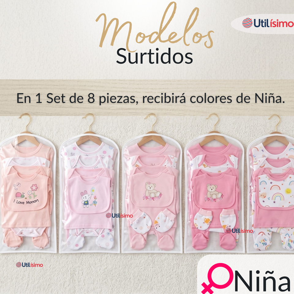 Set Ajuar Bebé 8 Piezas Surtido NIÑA 100% Algodón