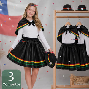 Pack 3 Trajes Nortinos Juvenil Con Poleras 4 Piezas Negro Baile Típico Fiestas Patrias