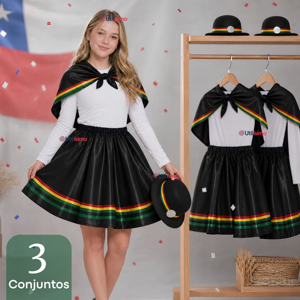 Pack 3 Trajes Nortinos Juvenil Con Poleras 4 Piezas Negro Baile Típico Fiestas Patrias