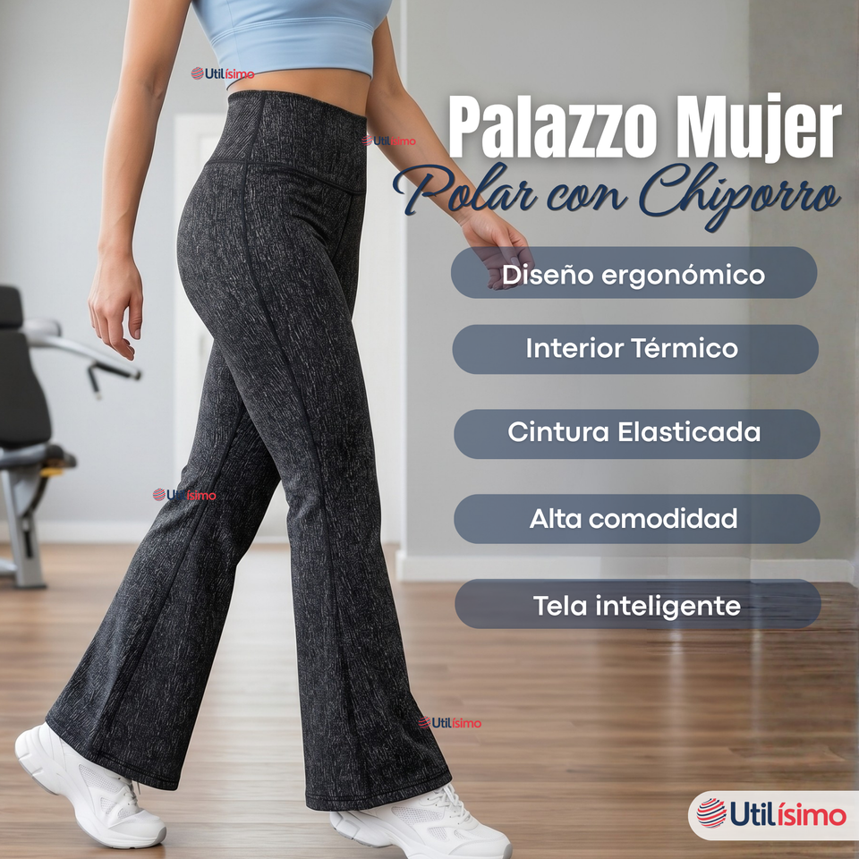 Calza Polar Con Chiporro Palazzo Mujer Elasticada Térmica Negro Jeans