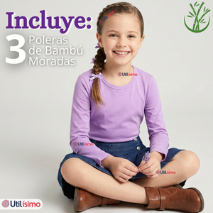 Pack 3 Camisetas Poleras Bambú Cuello Redondo Lila Primera Capa Manga Larga Niña