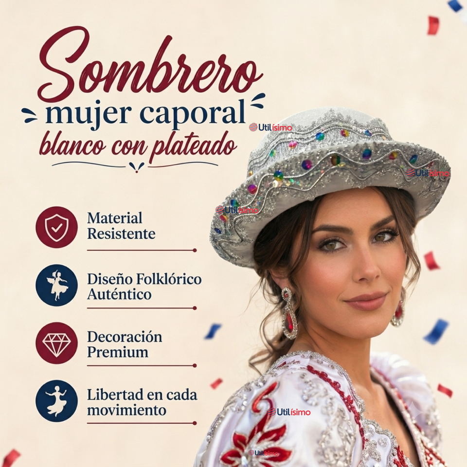 Sombrero Gorro Caporal Mujer Fiestas Patrias Blanco Baile Típico