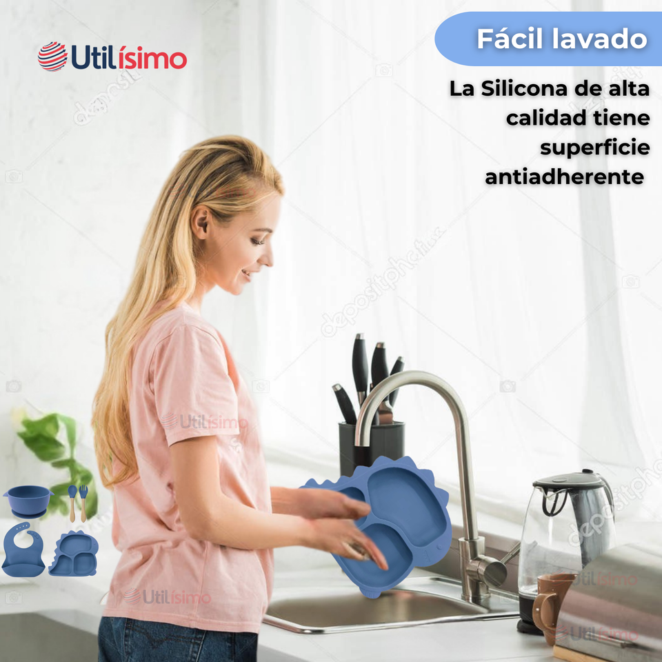 Set De Alimentación Bebé Silicona 5 Piezas Dinosaurio Libre BPA