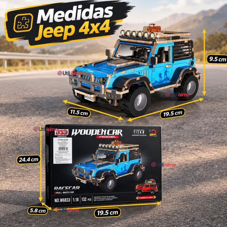 Puzzle 3D Jeep 4x4 Azul de Madera 132 Piezas Juguete Armable