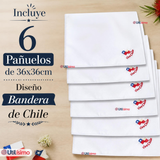 Pack 6 Pañuelos Baile Cueca 36cm Bordado Bandera de Chile Algodón Fiestas Patrias