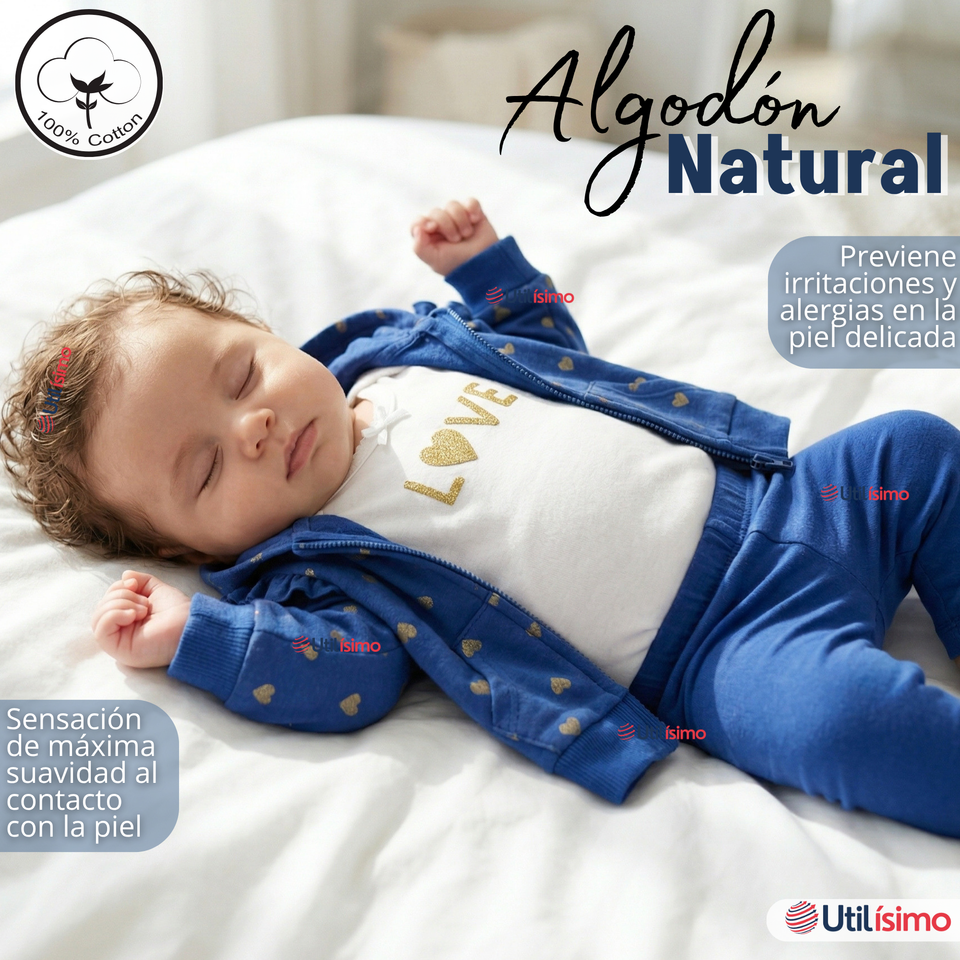 Conjunto 3 Piezas Buzo Pantalón Polerón Body De Algodón Azul Corazones Bebé Niña