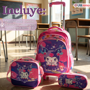 Mochila Escolar Kuromi 3D Con Ruedas Desmontable + Estuche + Lonchera Poliéster Rosa Niña