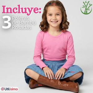 Pack 3 Camisetas Poleras Bambú Cuello Redondo Rosado Oscuro Primera Capa Manga Larga Niña