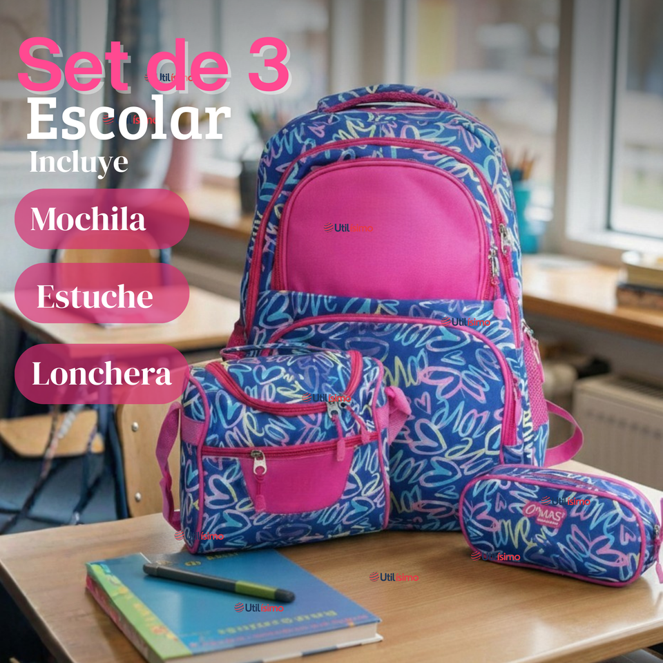 Mochila Bolso Escolar + Estuche + Lonchera 43Cm Niña Tela Oxford Love Graffiti
