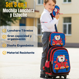 Mochila Escolar Con Ruedas + Estuche + Lonchera Poliéster Oso Niño