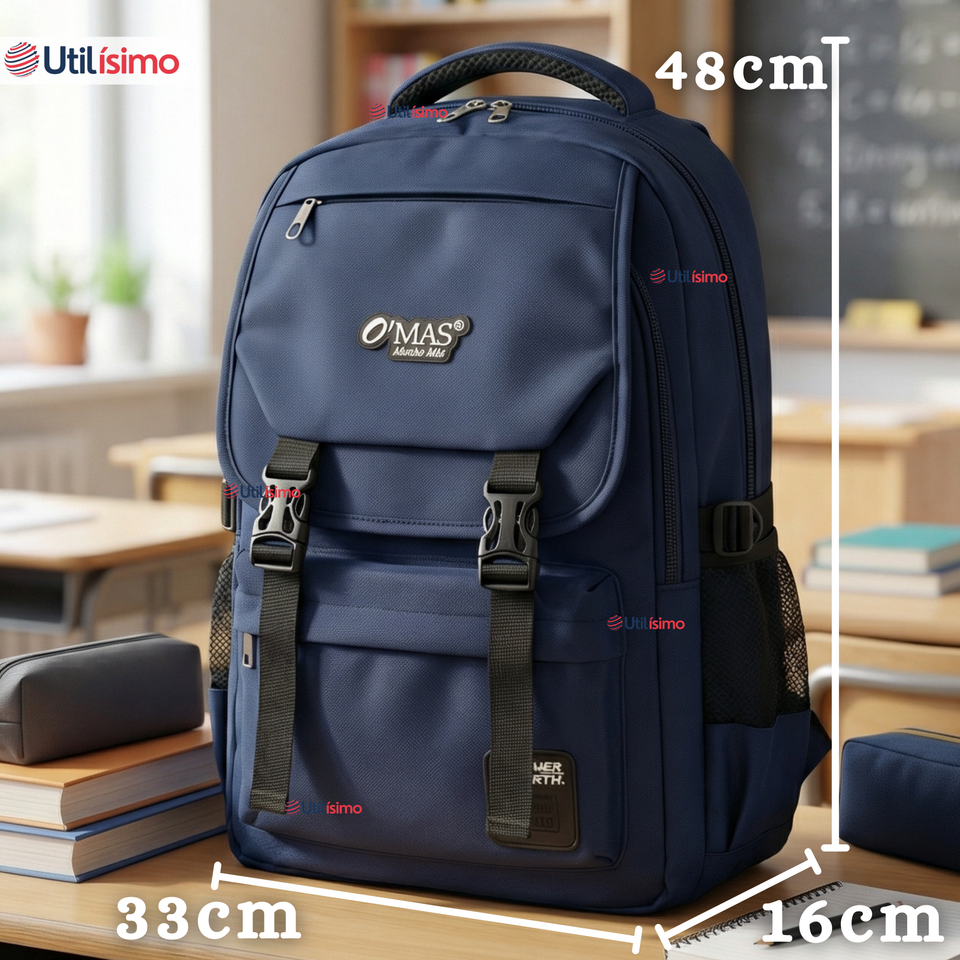 Mochila Escolar Azul Broches Impermeable Poliéster 48cm Niño