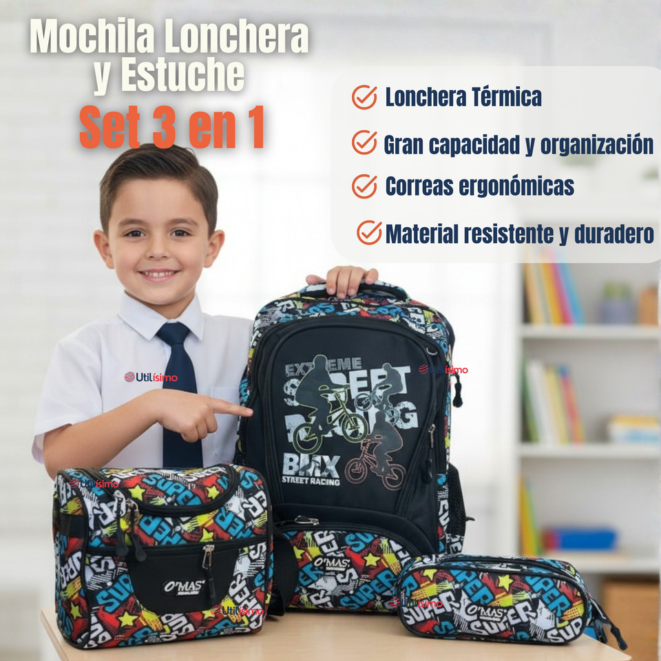 Mochila Escolar Kit Con Estuche y Lonchera 43cm Tela Oxford Niño
