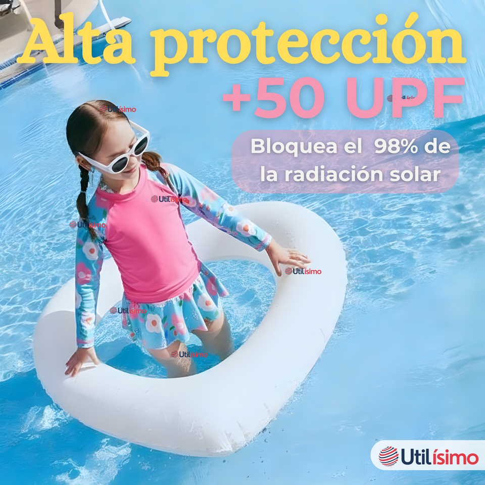 Traje De Baño Manga Larga Estilo Tankini Con Falda Niña 2 a 7 años Pretty Flowers