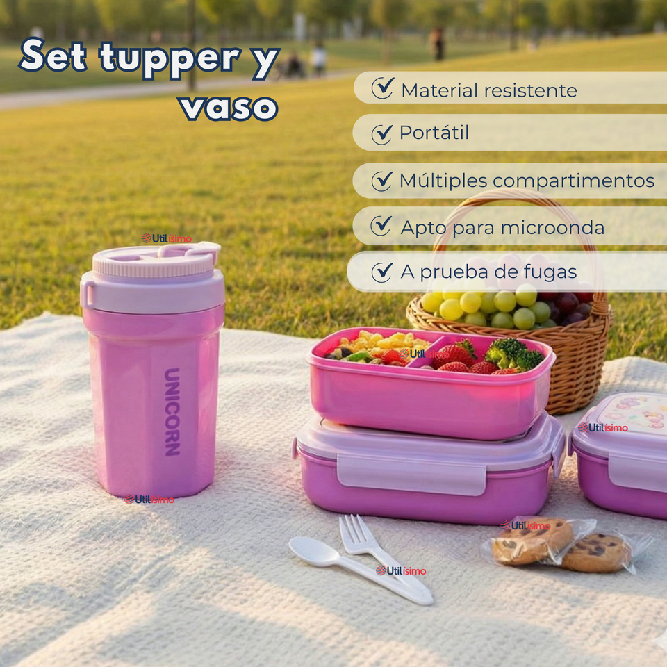 Set Fiambrera Tupper + Vaso Para Niños y Niñas Colores Varios Infantiles