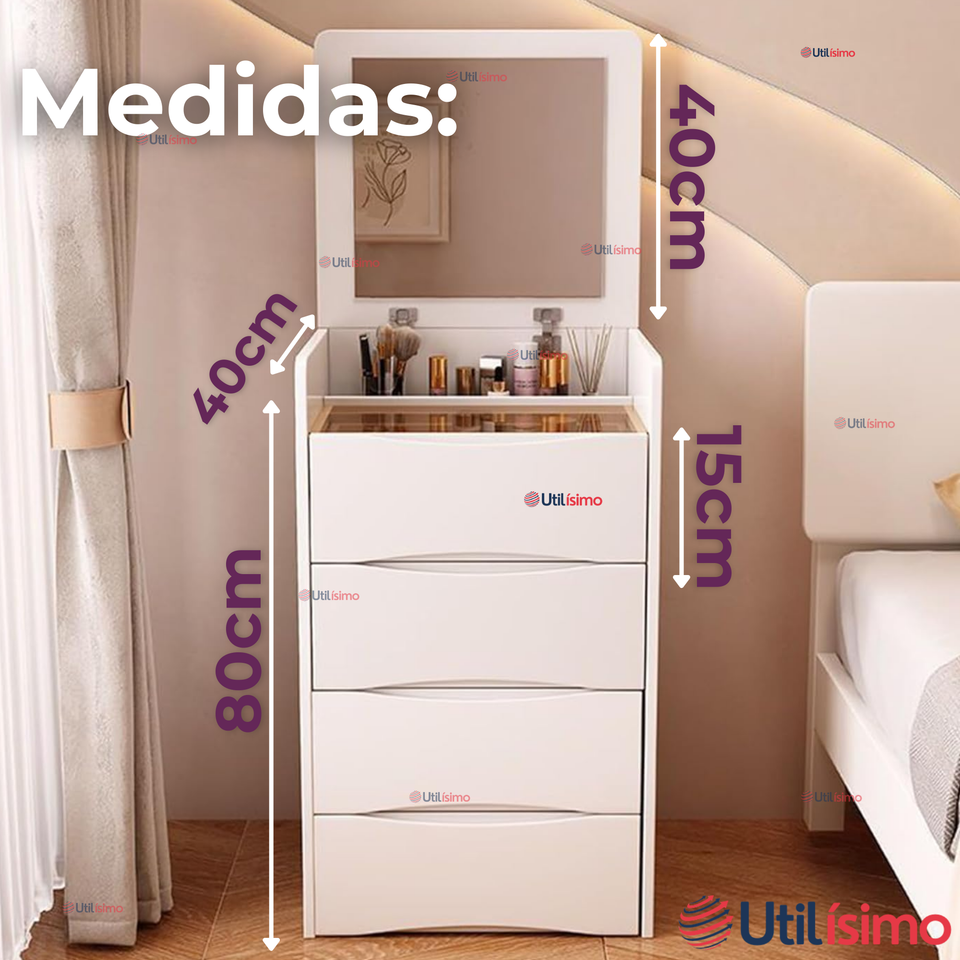 Tocador De Lujo Plegable Con Taburete Y Espejo De luz Ajustable 4 Cajones MDF Blanco  80x40x40cm