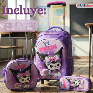 Mochila Escolar Kuromi 3D Con Ruedas Desmontable + Estuche + Lonchera Poliéster Morado Niña