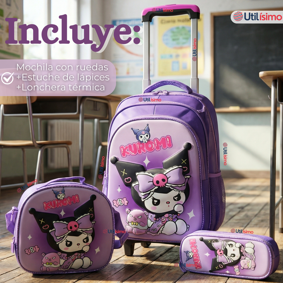 Mochila Escolar Kuromi 3D Con Ruedas Desmontable + Estuche + Lonchera Poliéster Morado Niña